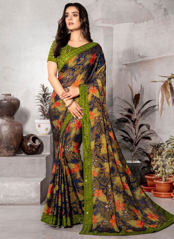 MINTORSI KRITIKA SITARA HITS Festive Wear Chiffon Brasso Printed Mirror Lace Saree Collection